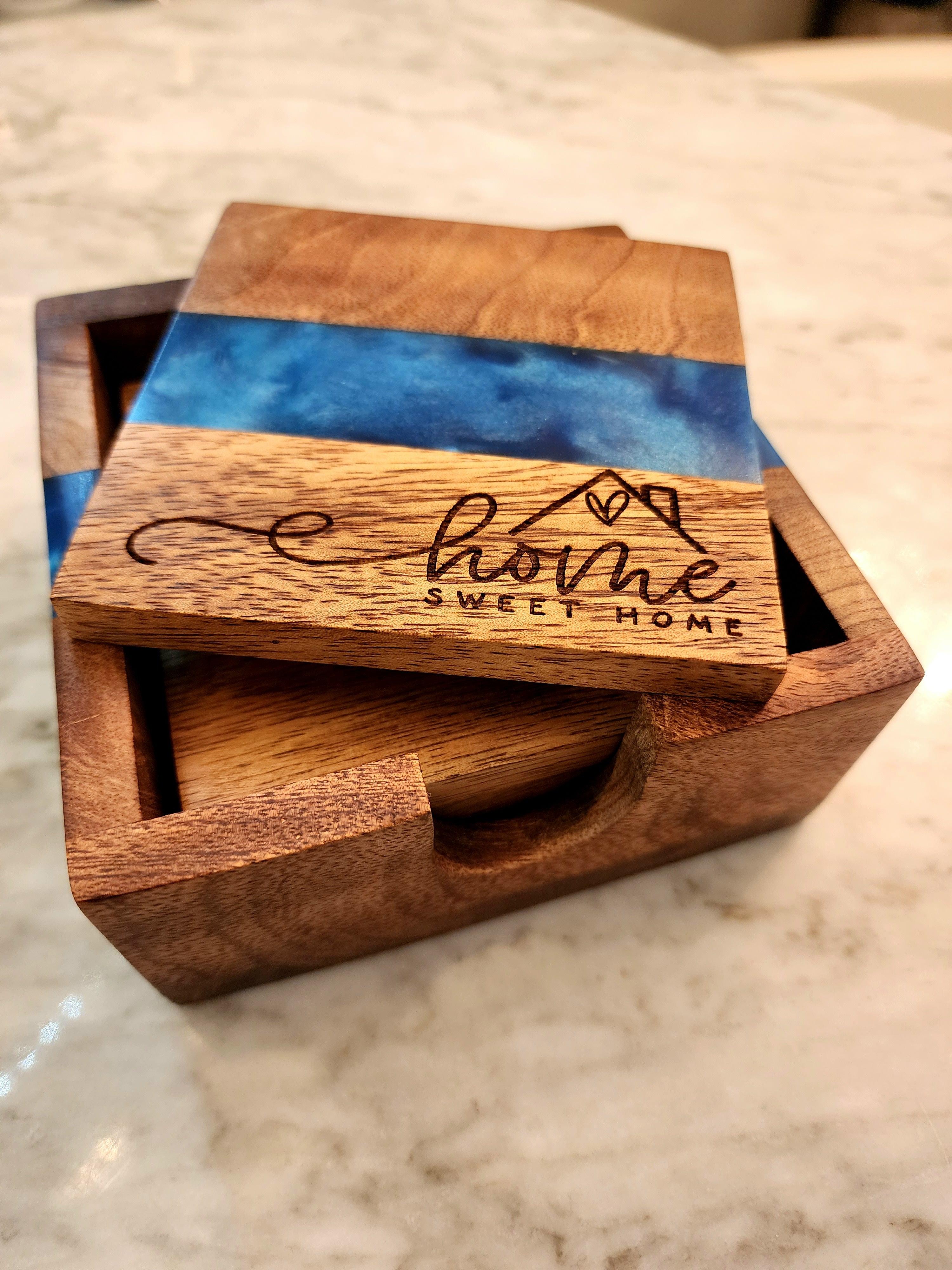 Home Sweet Home Ocean Blue Pearl Epoxy Coasters with Holder