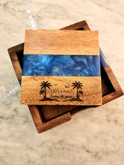 Life's a Beach Enjoy the Waves Ocean Blue Pearl Epoxy Coasters with Holder