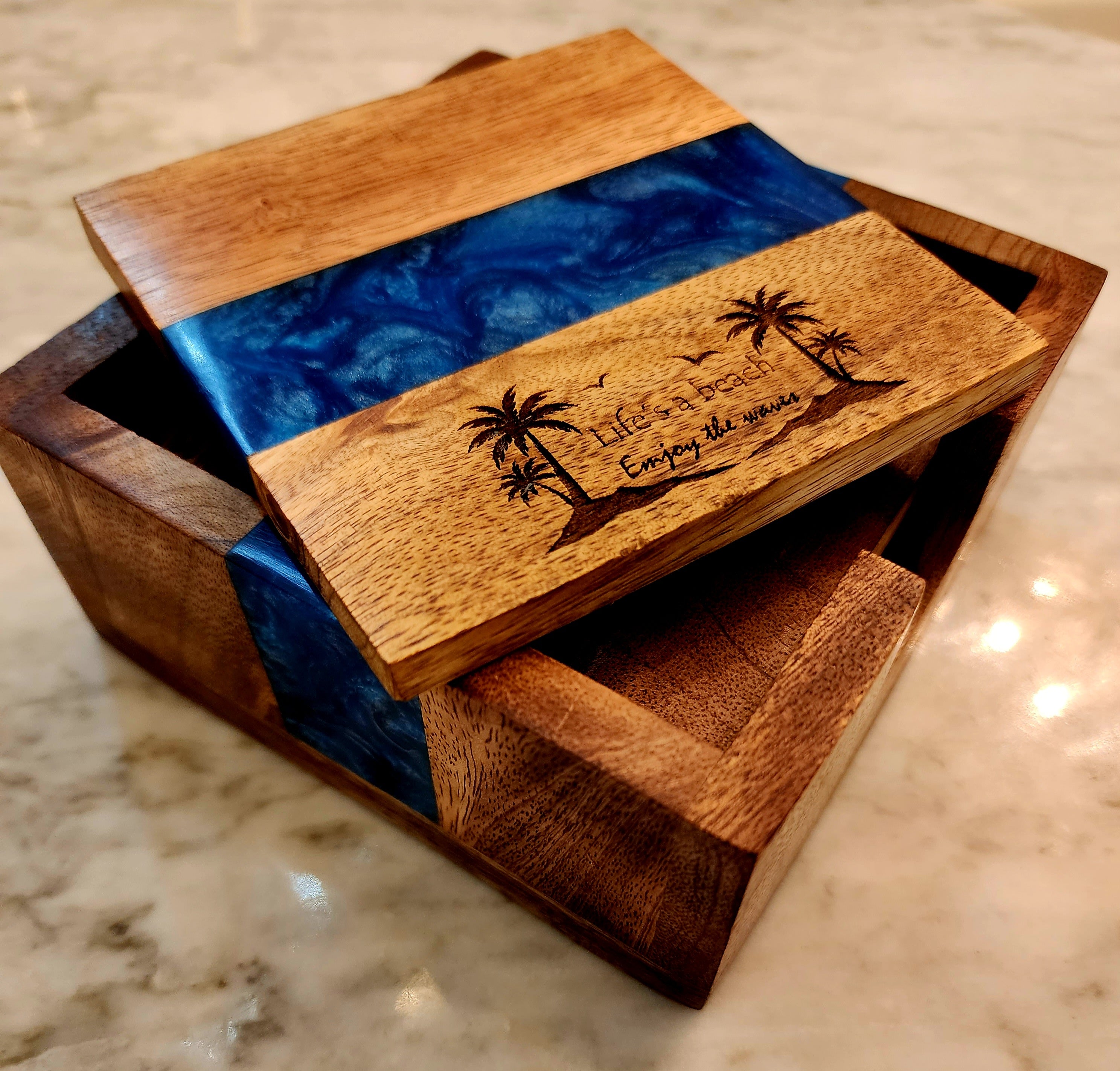 Life's a Beach Enjoy the Waves Ocean Blue Pearl Epoxy Coasters with Holder