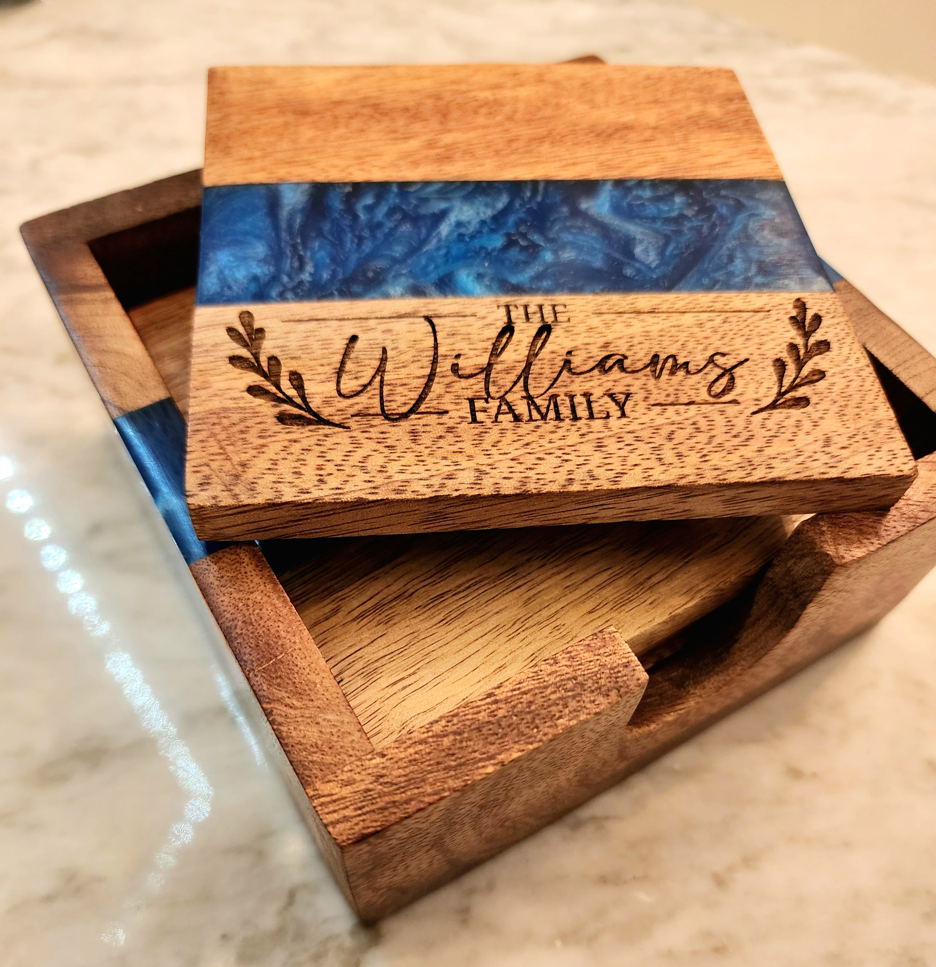 Family Name Ocean Blue Pearl Epoxy Coasters with Holder