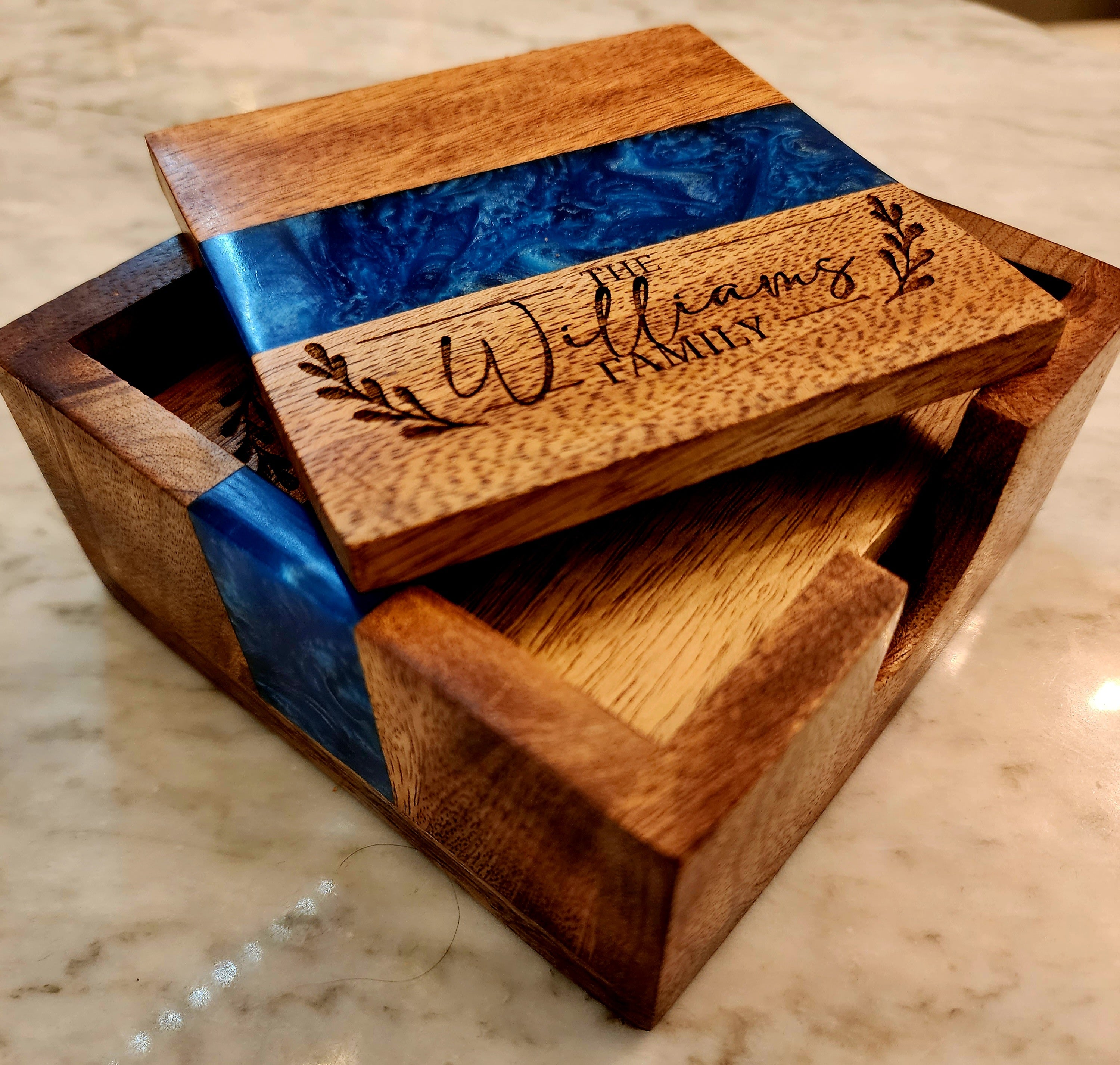 Family Name Ocean Blue Pearl Epoxy Coasters with Holder