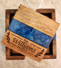Customizable Family Name Ocean Blue Pearl Epoxy Coasters with Holder