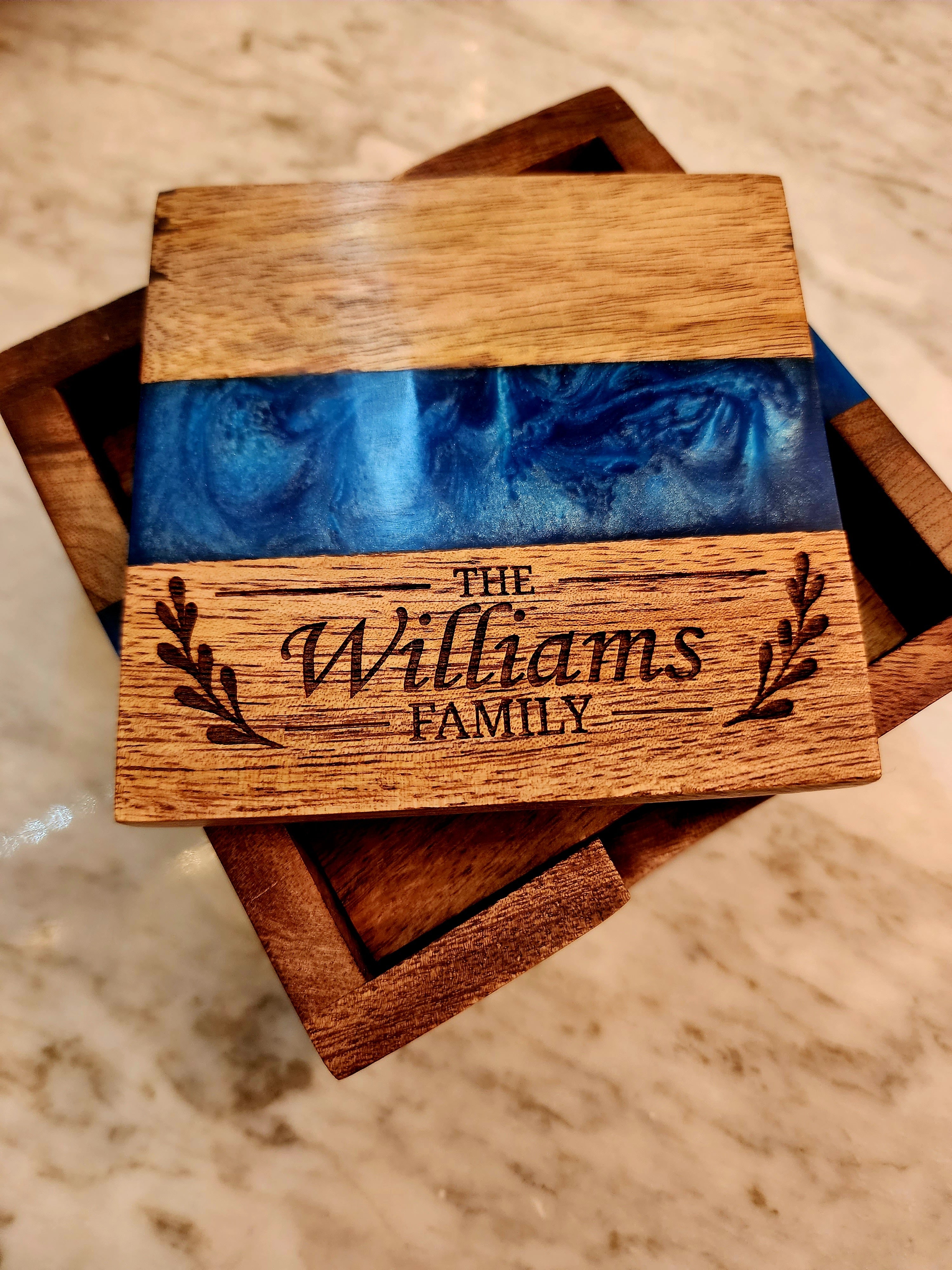 Customizable Family Name Ocean Blue Pearl Epoxy Coasters with Holder