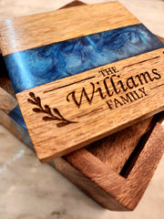Customizable Family Name Ocean Blue Pearl Epoxy Coasters with Holder
