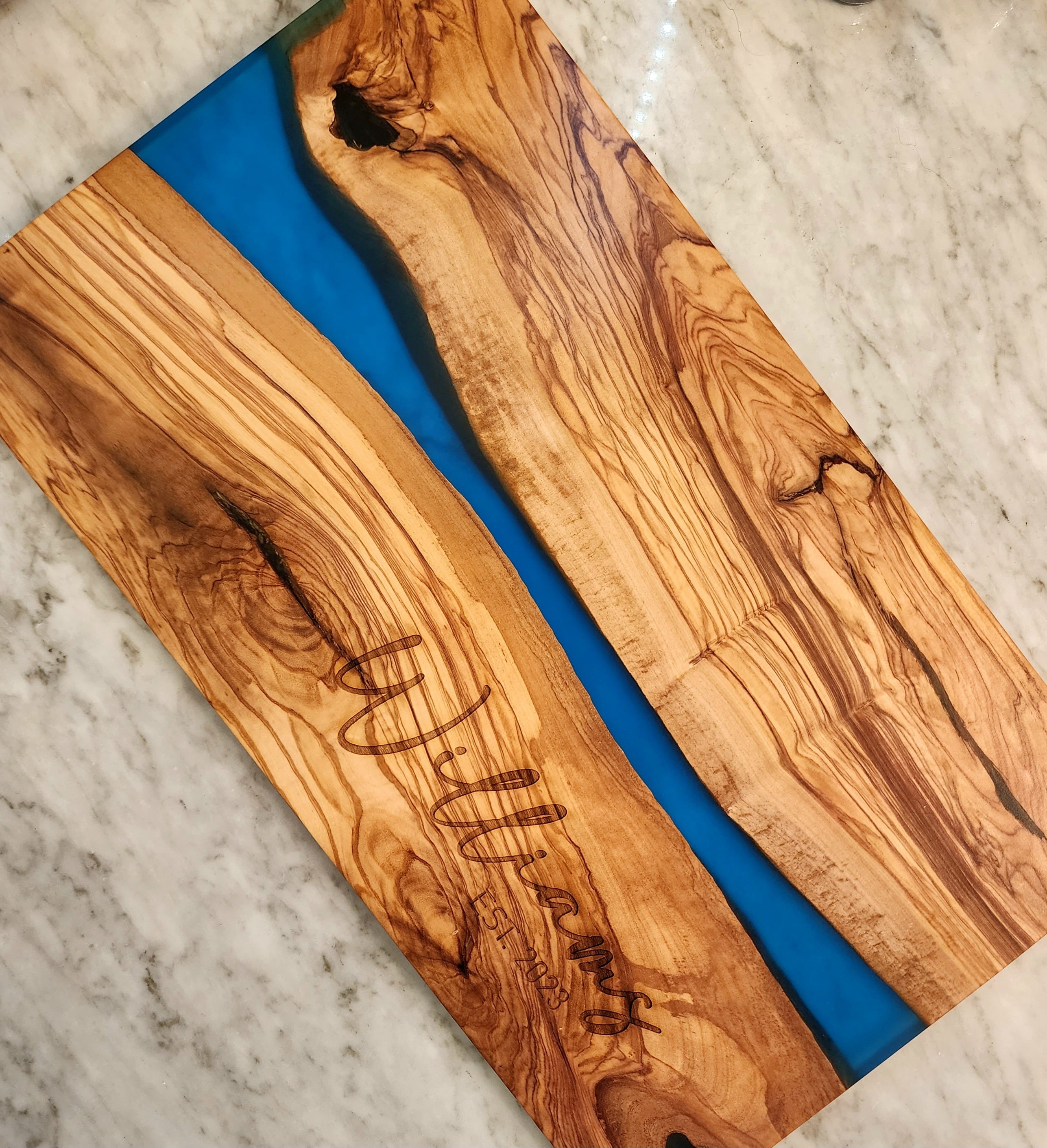 Customized Name and Date Olive Wood and Blue Resin Serving/Charcuterie Board