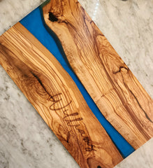 Customized Name and Date Olive Wood and Blue Resin Serving/Charcuterie Board
