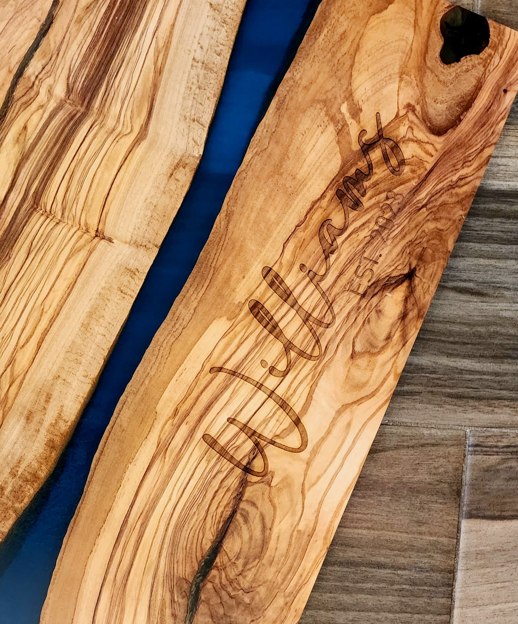 Customized Name and Date Olive Wood and Blue Resin Serving/Charcuterie Board