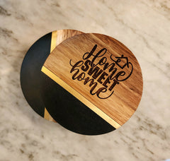 Home Sweet Home Black Slate & Acacia Wood Coasters with Brass Inlay