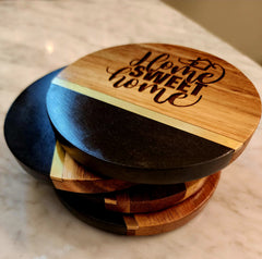 Home Sweet Home Black Slate & Acacia Wood Coasters with Brass Inlay