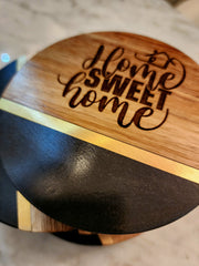 Home Sweet Home Black Slate & Acacia Wood Coasters with Brass Inlay