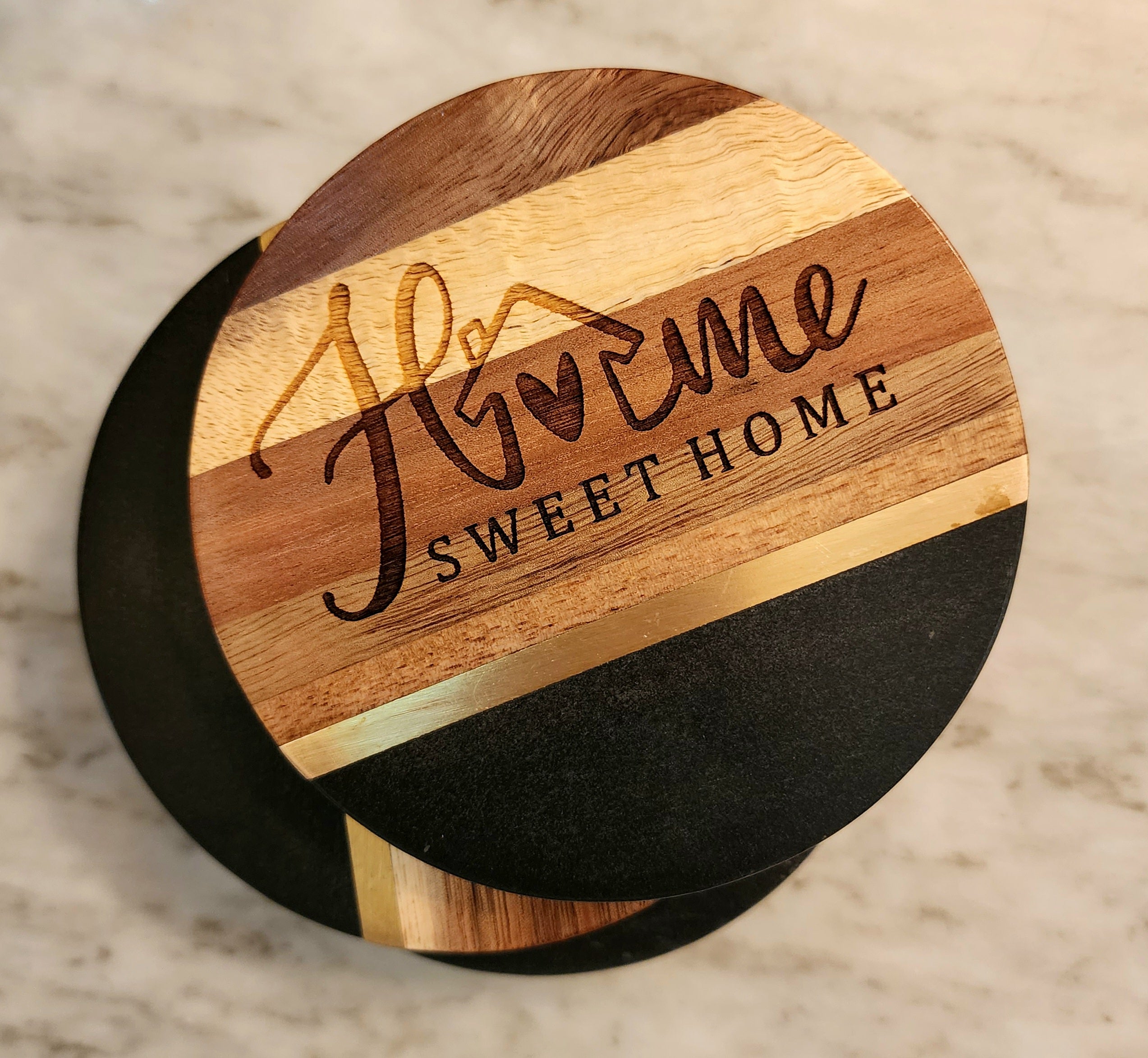 Home Sweet Home Black Slate Brass Inlay Acacia Wood Coasters