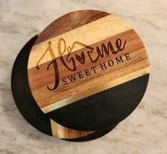 Home Sweet Home Black Slate Brass Inlay Acacia Wood Coasters