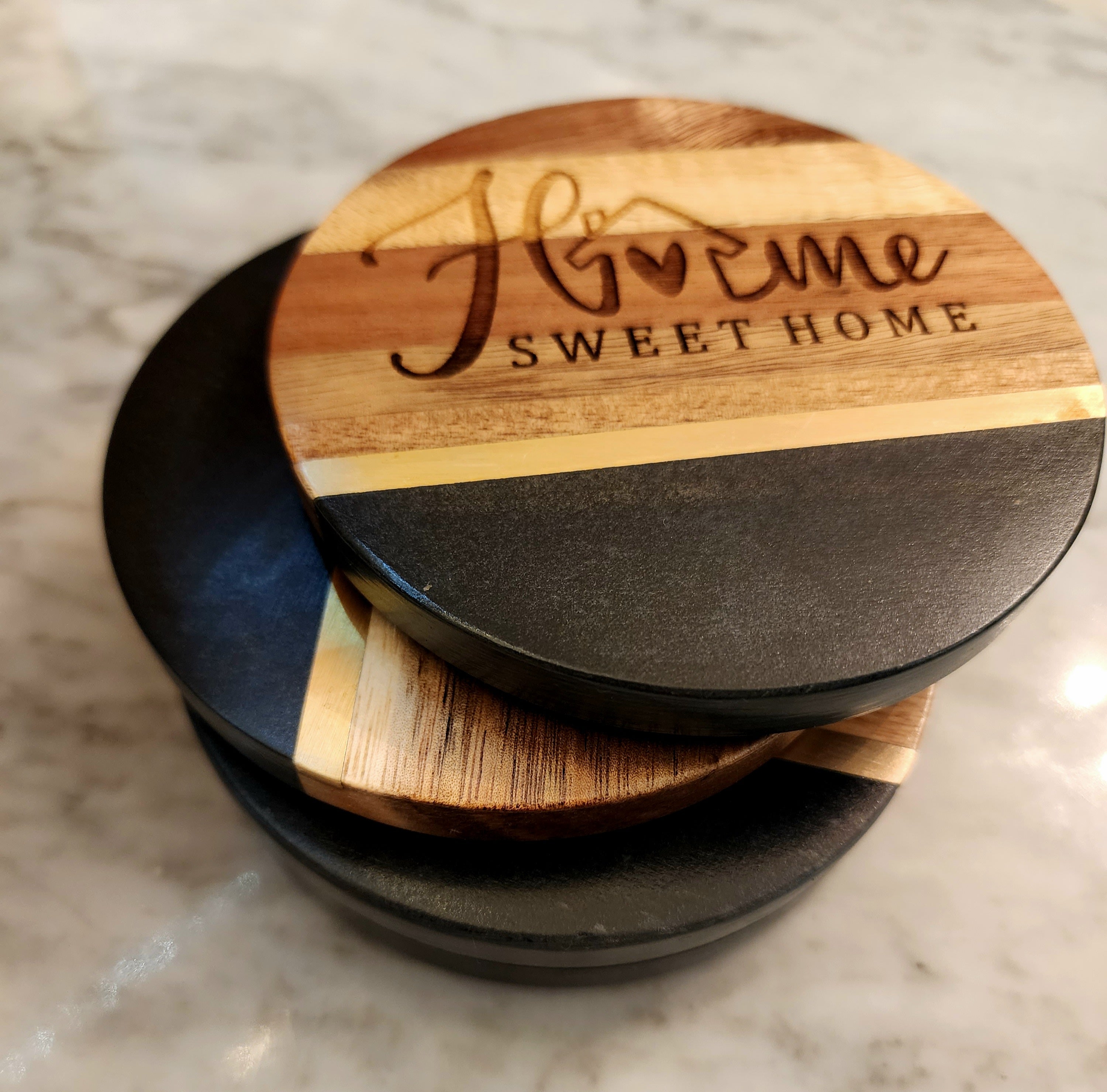 Home Sweet Home Black Slate Brass Inlay Acacia Wood Coasters