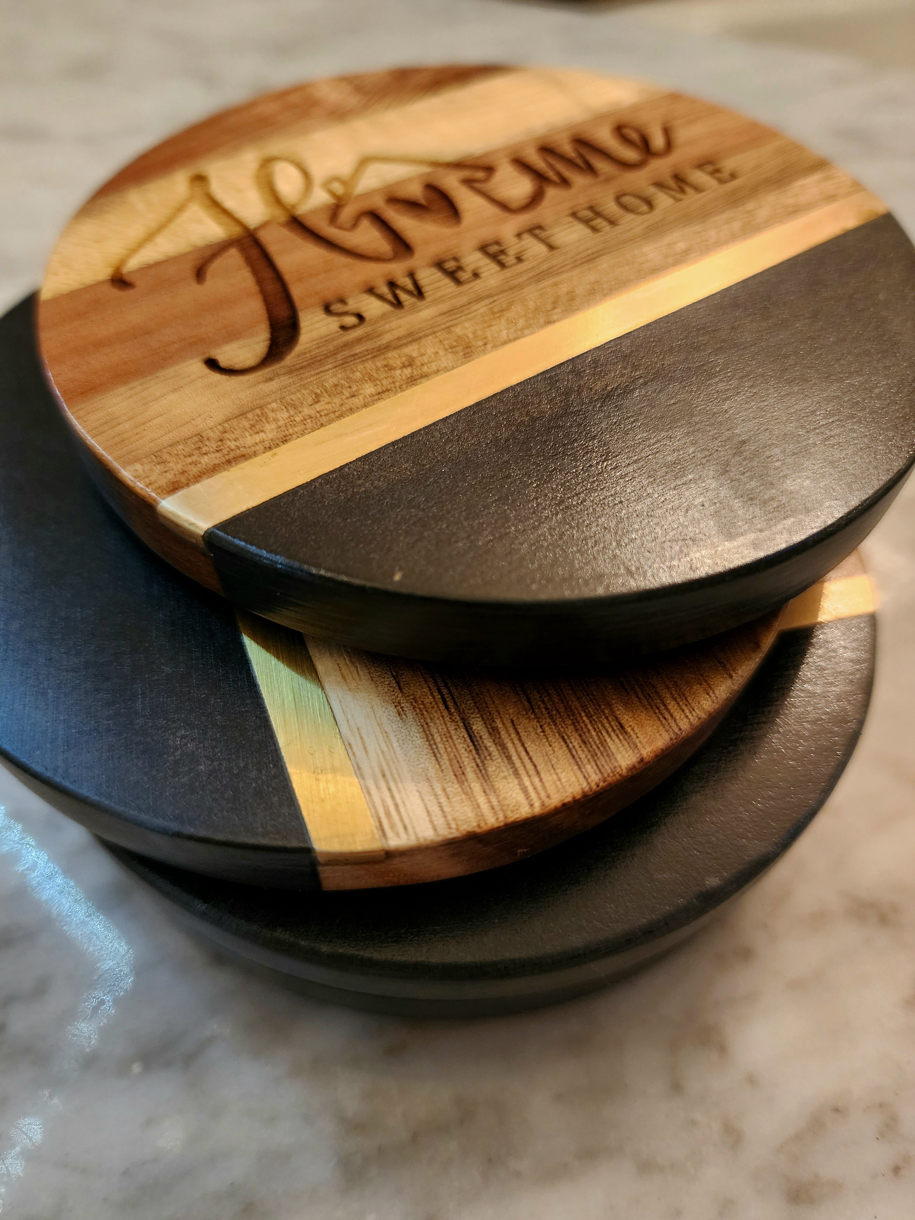 Home Sweet Home Black Slate Brass Inlay Acacia Wood Coasters