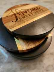 Home Sweet Home Black Slate Brass Inlay Acacia Wood Coasters