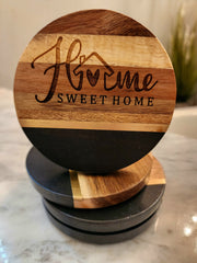 Home Sweet Home Black Slate Brass Inlay Acacia Wood Coasters