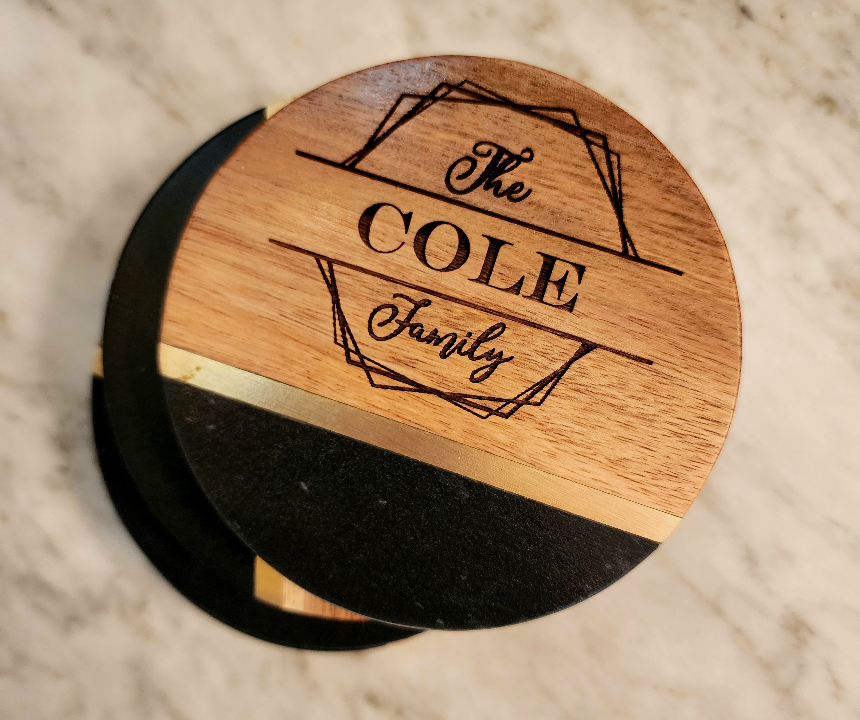 Customized Family Name Black Slate & Acacia Wood Coasters with Brass Inlay