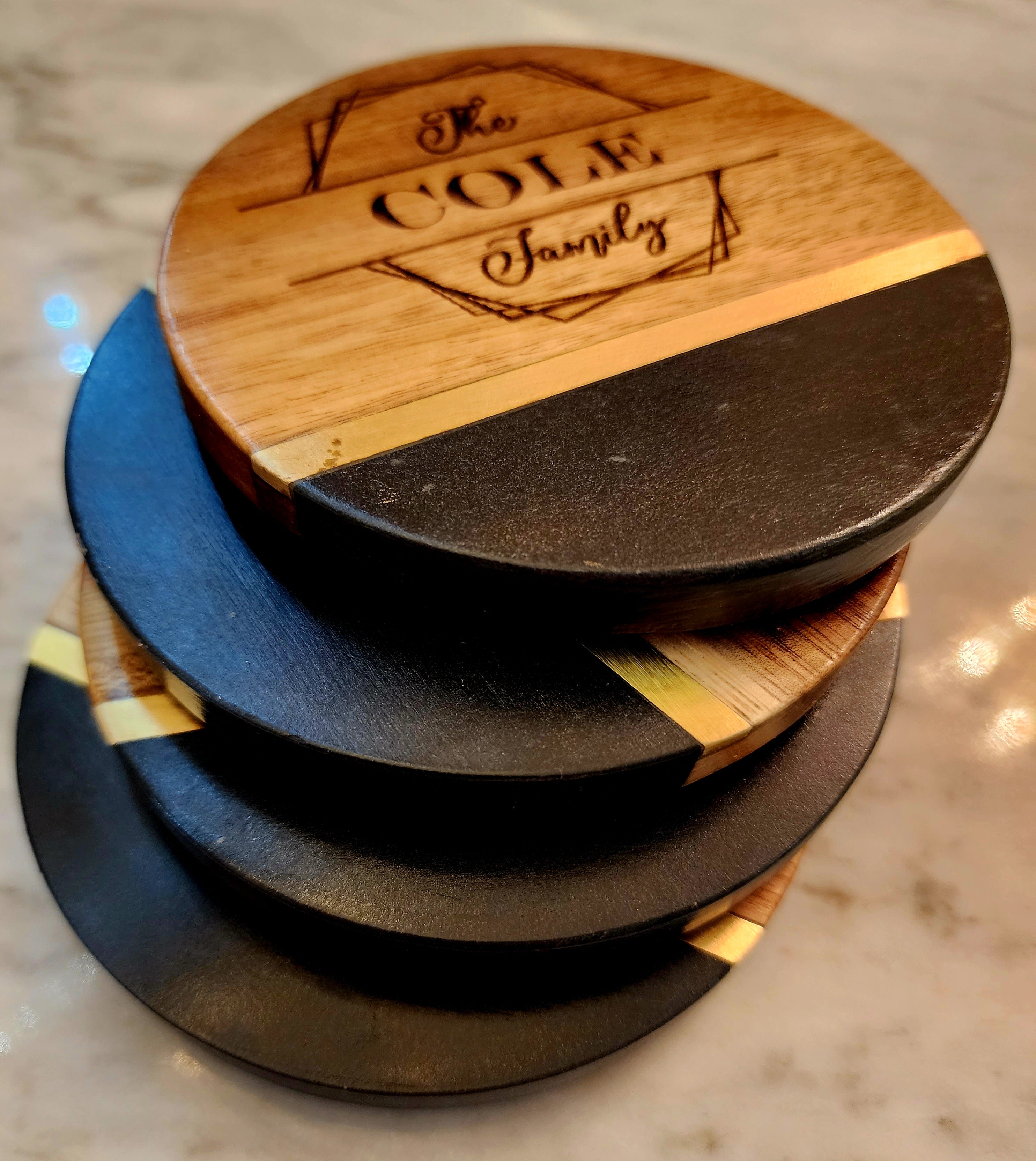 Customized Family Name Black Slate & Acacia Wood Coasters with Brass Inlay