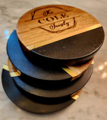 Customized Family Name Black Slate & Acacia Wood Coasters with Brass Inlay
