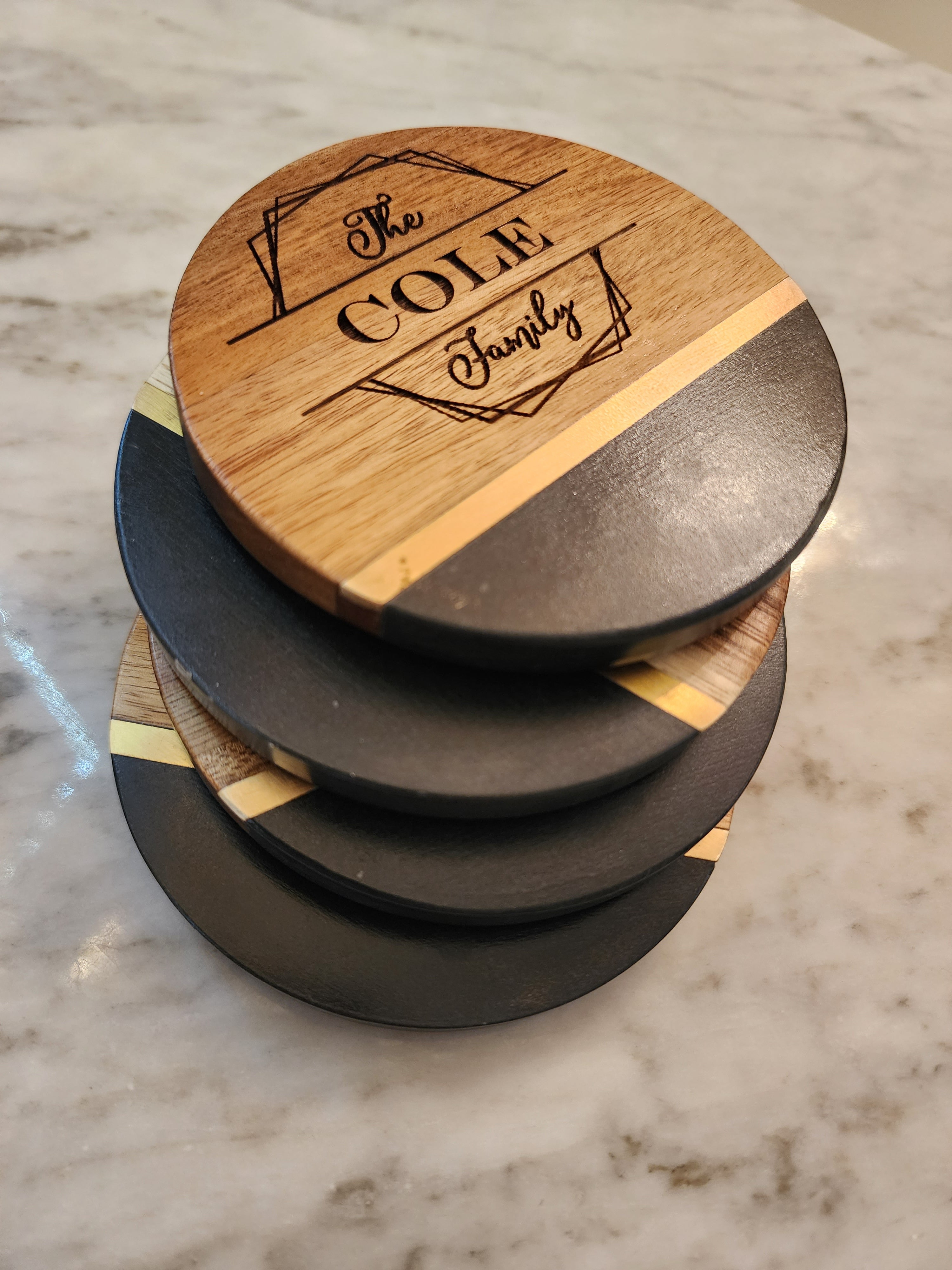 Customized Family Name Black Slate & Acacia Wood Coasters with Brass Inlay