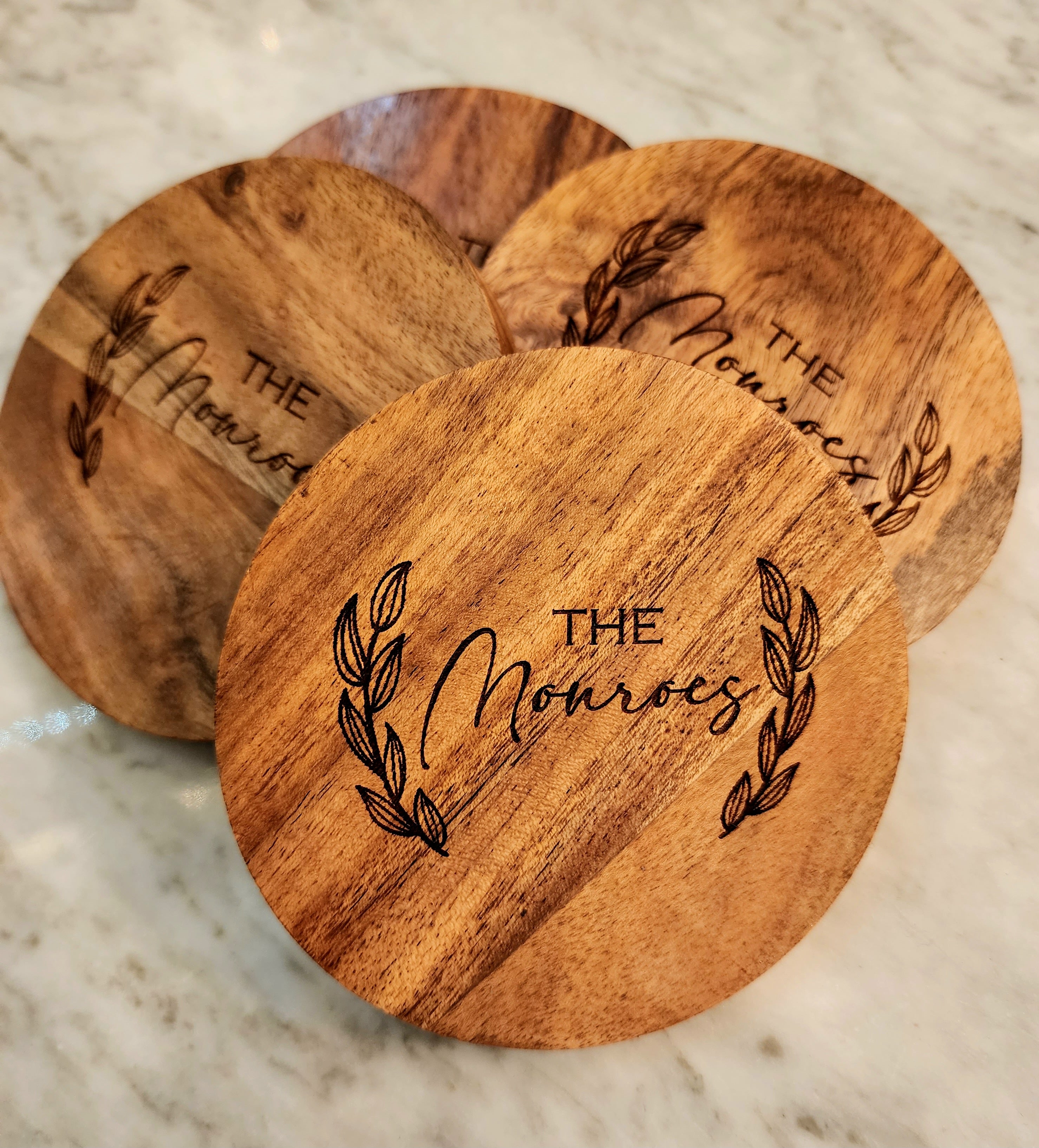 Customized Family Name Acacia Wood Round Coaster Set