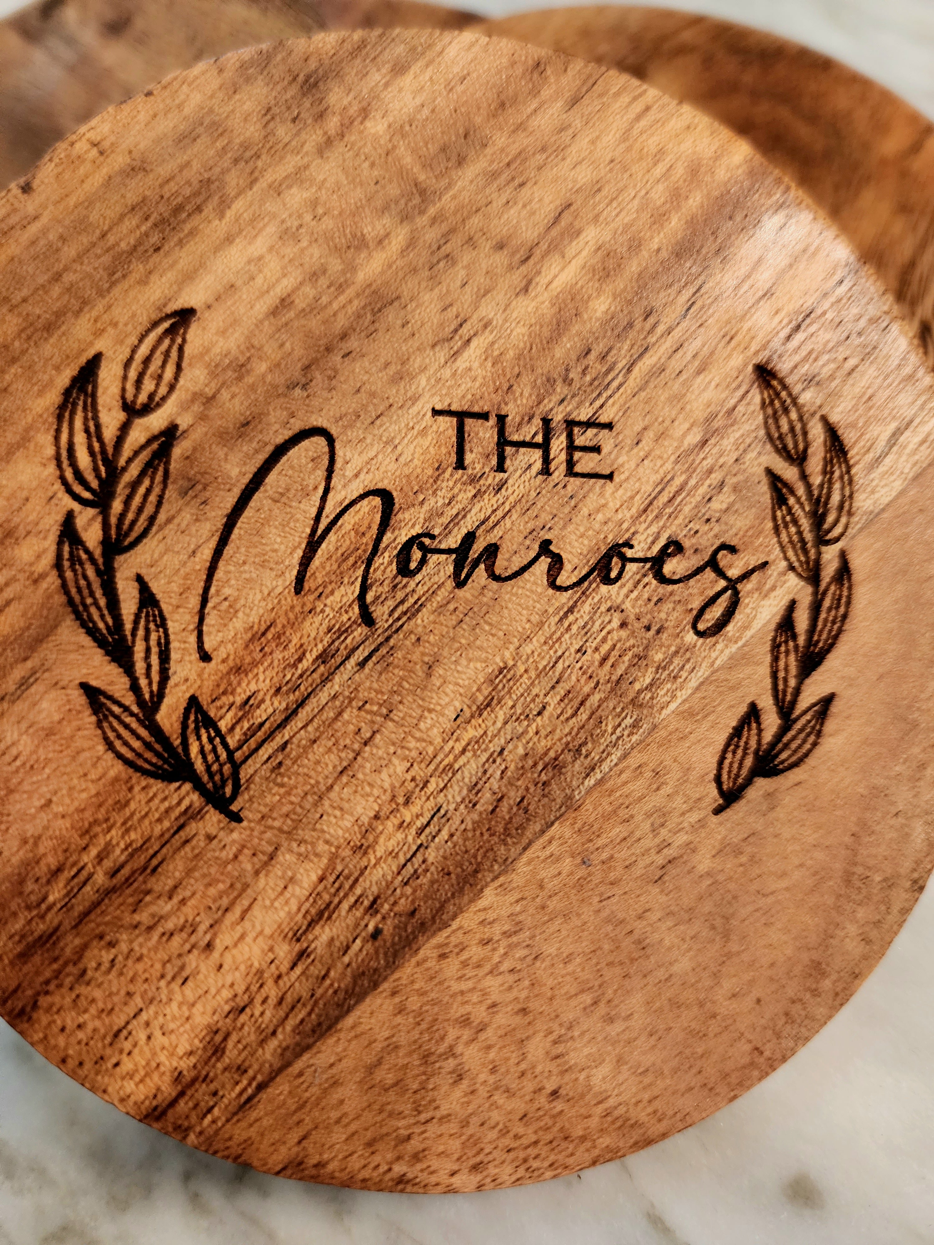 Customized Family Name Acacia Wood Round Coaster Set