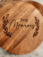 Customized Family Name Acacia Wood Round Coaster Set