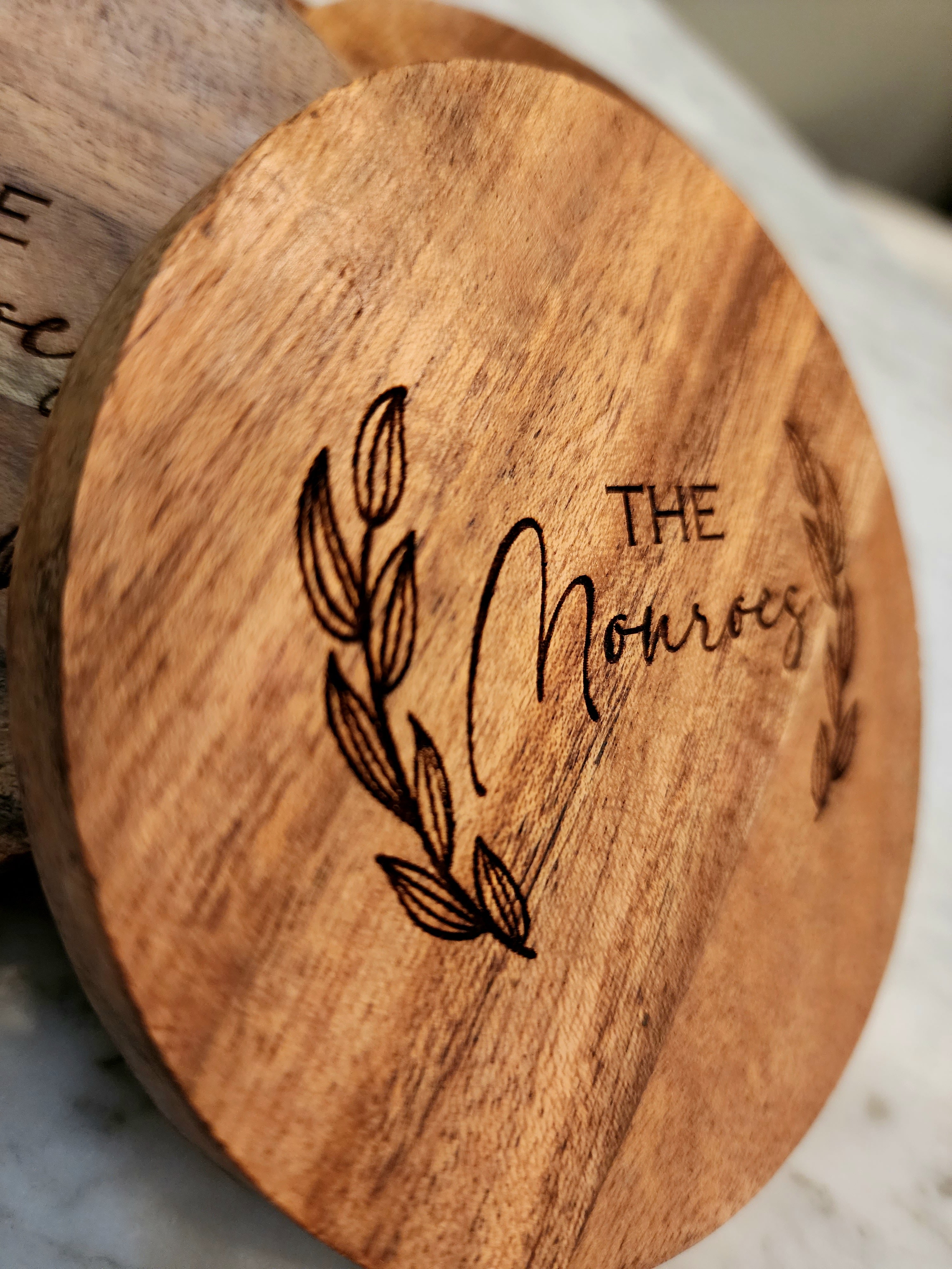 Customized Family Name Acacia Wood Round Coaster Set