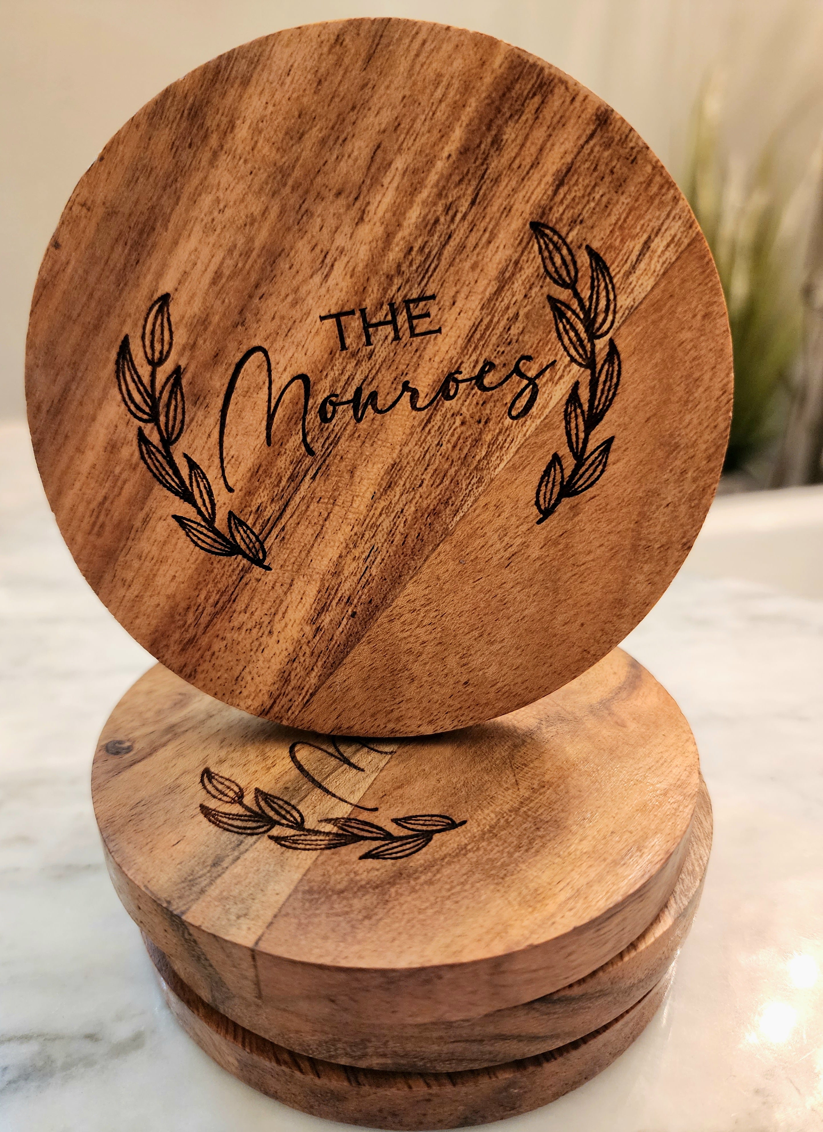 Customized Family Name Acacia Wood Round Coaster Set