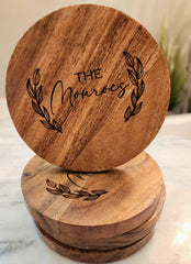 Customized Family Name Acacia Wood Round Coaster Set