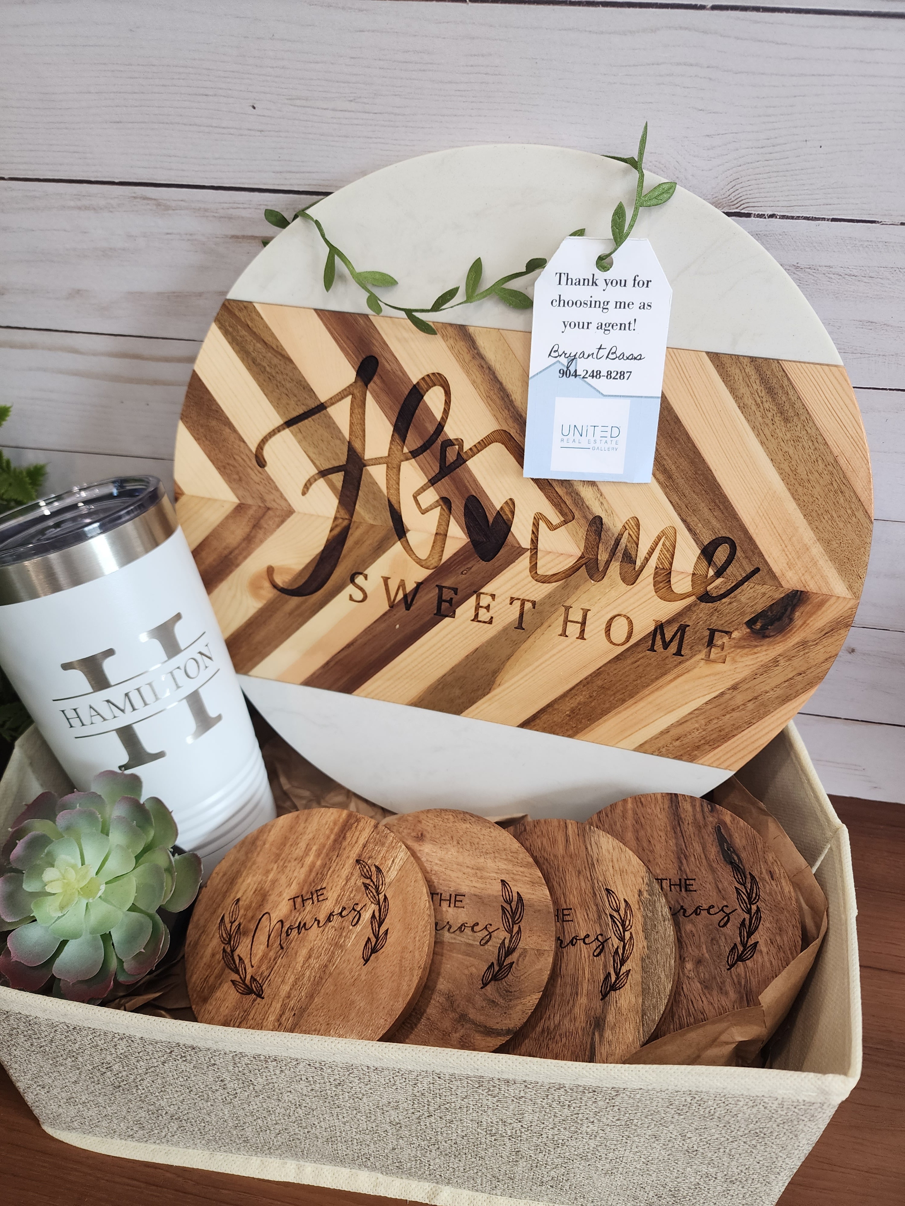 Custom Closing Gift Set- Round Acopa Marble and Acacia Wood Serving Set