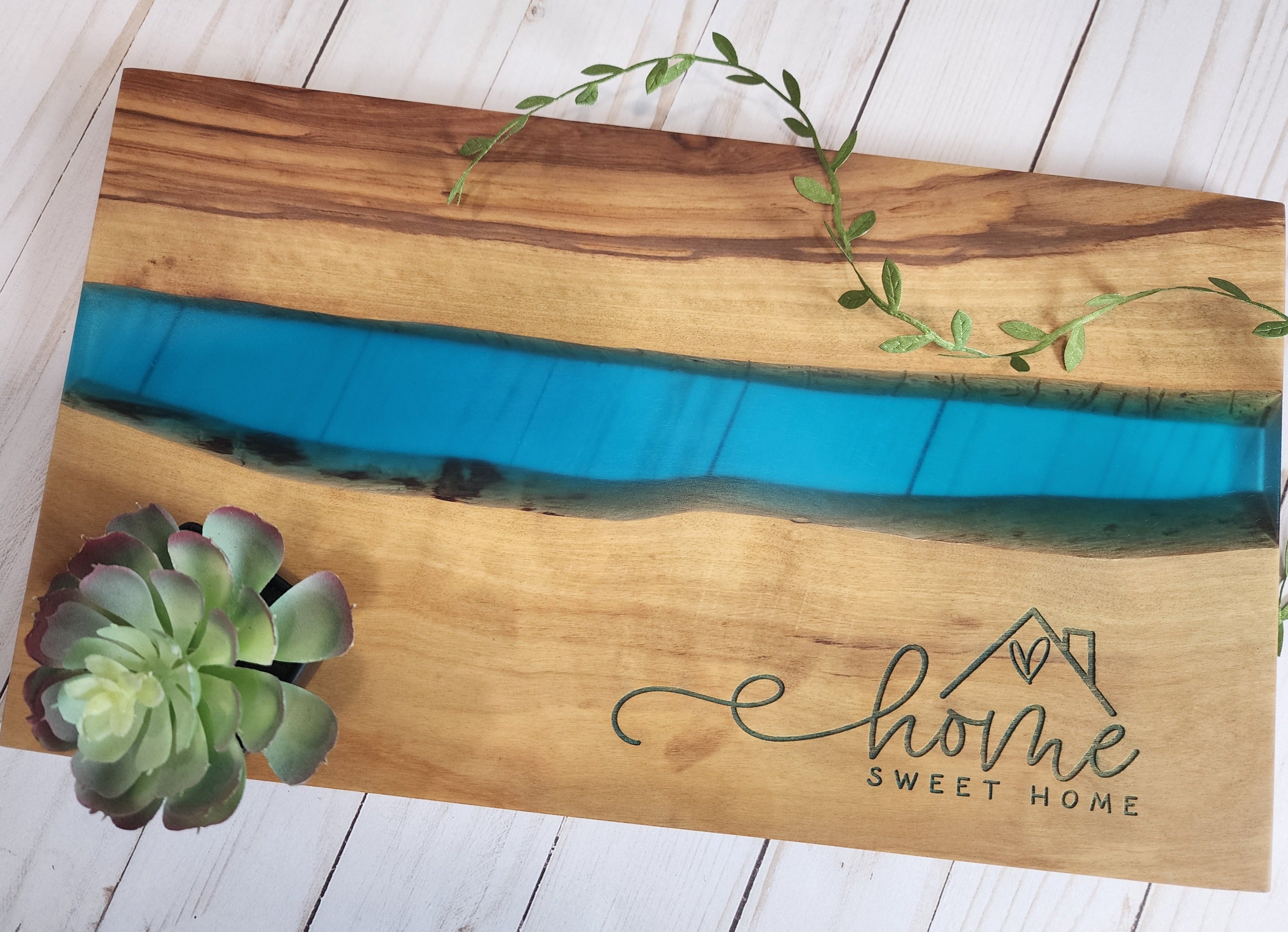 Home Sweet Home Olive Wood and Blue Resin Serving/Charcuterie Board