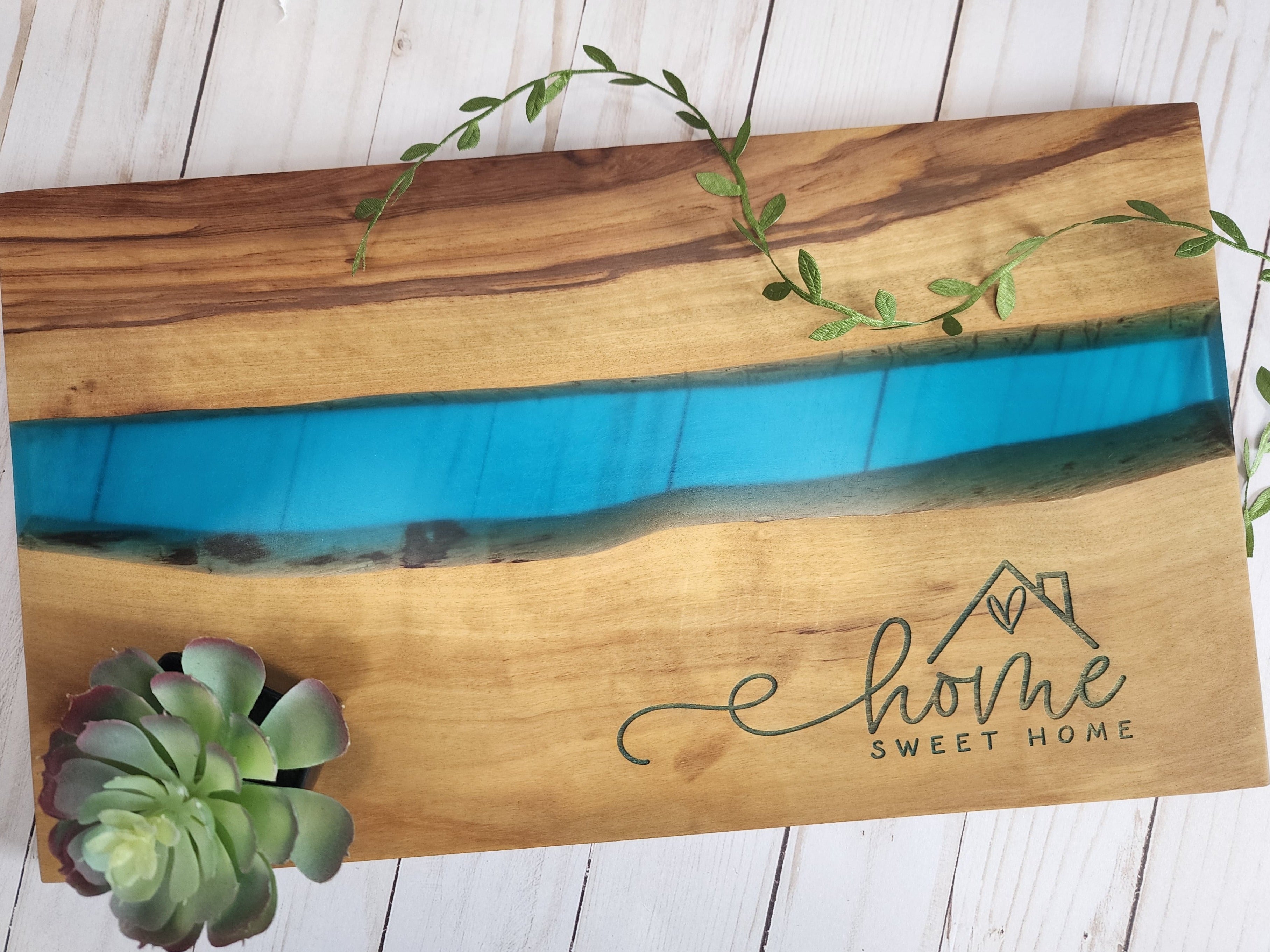 Home Sweet Home Olive Wood and Blue Resin Serving/Charcuterie Board