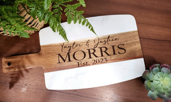 Luxurious White Marble and Wood Cutting Board Platter Restaurant Wholesale  Laser Engraved - Teals Prairie & Co.®