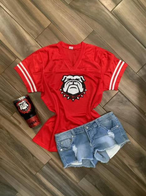 Red Georgia Bulldogs Glitter Football Shirt