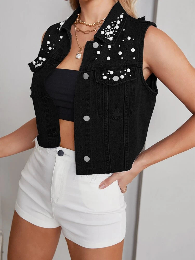 Personalized Pearl Beaded Black Cropped Denim Vest