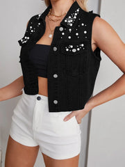 Personalized Pearl Beaded Black Cropped Denim Vest