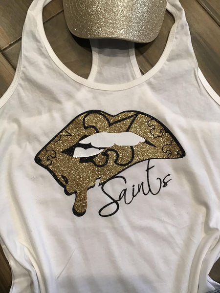 Lulu Grace Designs Saints Dripping Lips Glitter Shirt: Glitter Football Fan Gear & Apparel M / Youth/Toddler Tee