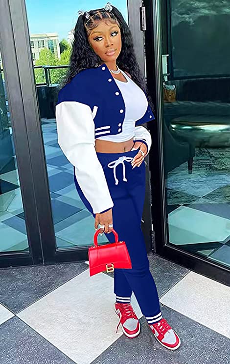Embroidered Cropped Letterman Jacket and Joggers Sweatsuit Set