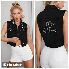 Personalized Pearl Beaded Black Cropped Denim Vest