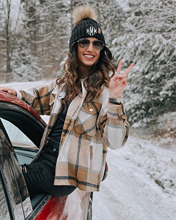 Monogrammed Beanie with Removable Faux Fur Pom