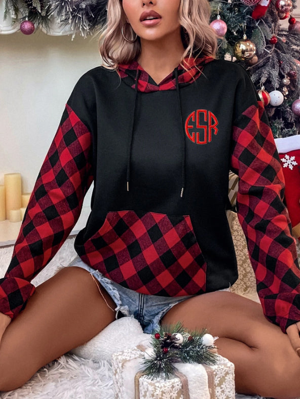 Monogrammed Buffalo Plaid Panel Hoodie