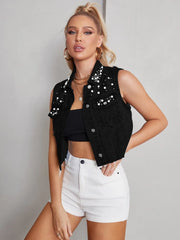 Personalized Pearl Beaded Black Cropped Denim Vest