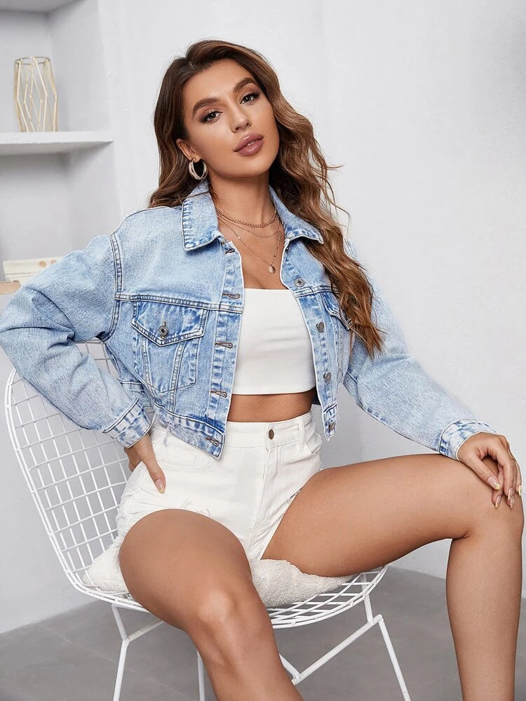 Personalized Flap Pocket Cropped Denim Jacket