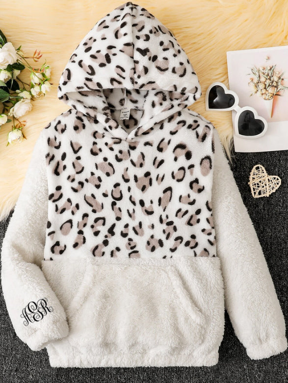 Youth Girls Monogrammed Sleeve Leopard Panel Half Zip Flannel Hoodie