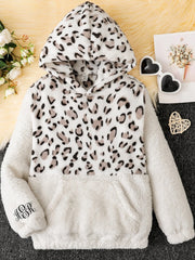 Youth Girls Monogrammed Sleeve Leopard Panel Half Zip Flannel Hoodie