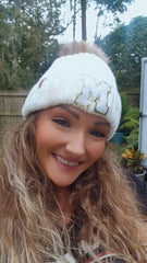 Chenille Letter Patch Beanie with Removable Faux Fur Pom