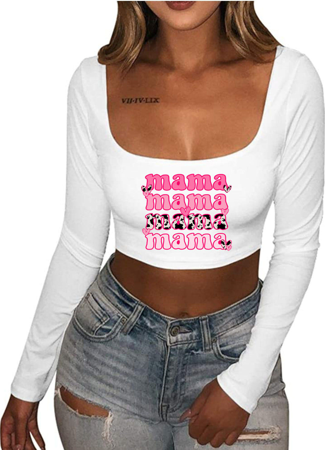 Mama Cow Print Long Sleeve Cropped Shirt