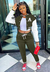 Embroidered Cropped Letterman Jacket and Joggers Sweatsuit Set