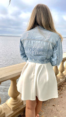 Embroidered Last Name Flap Pocket Cropped Denim Jacket